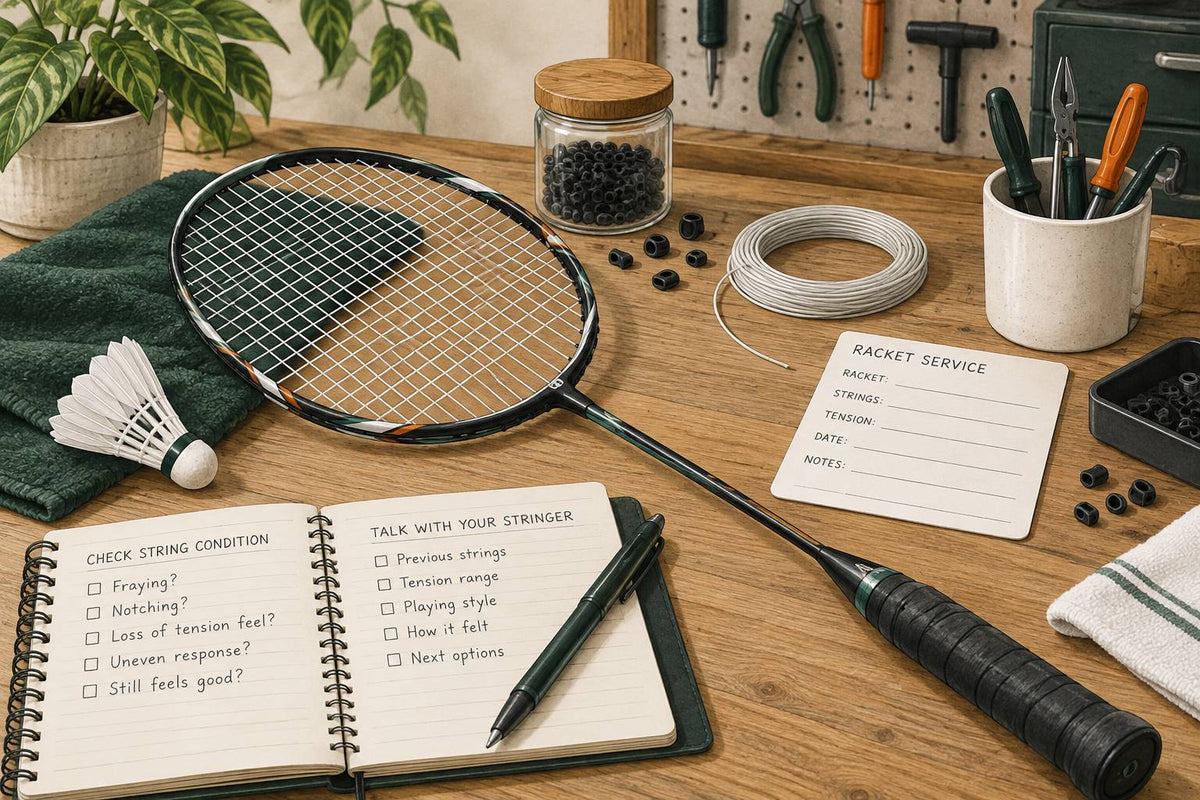 Editorial restringing workbench with racket, string and service notes.