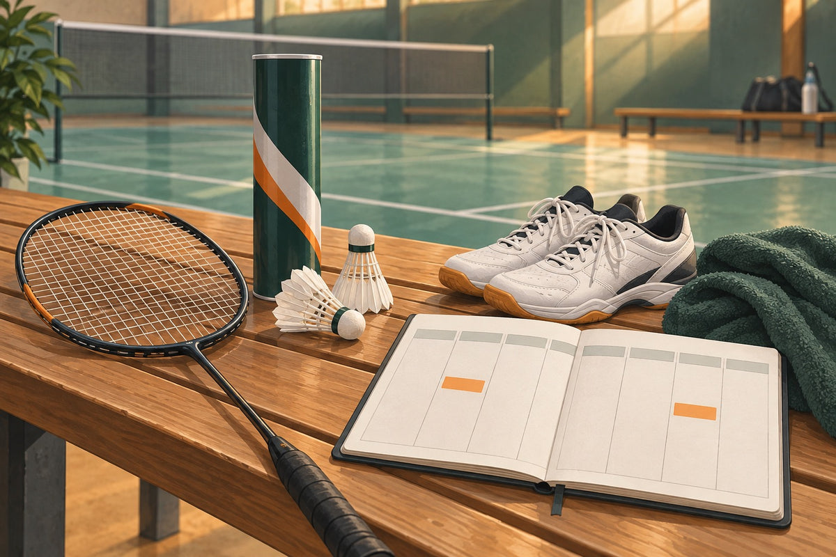 A racket, shoes and weekly planner illustrate fitting badminton sessions around the rest of the week.