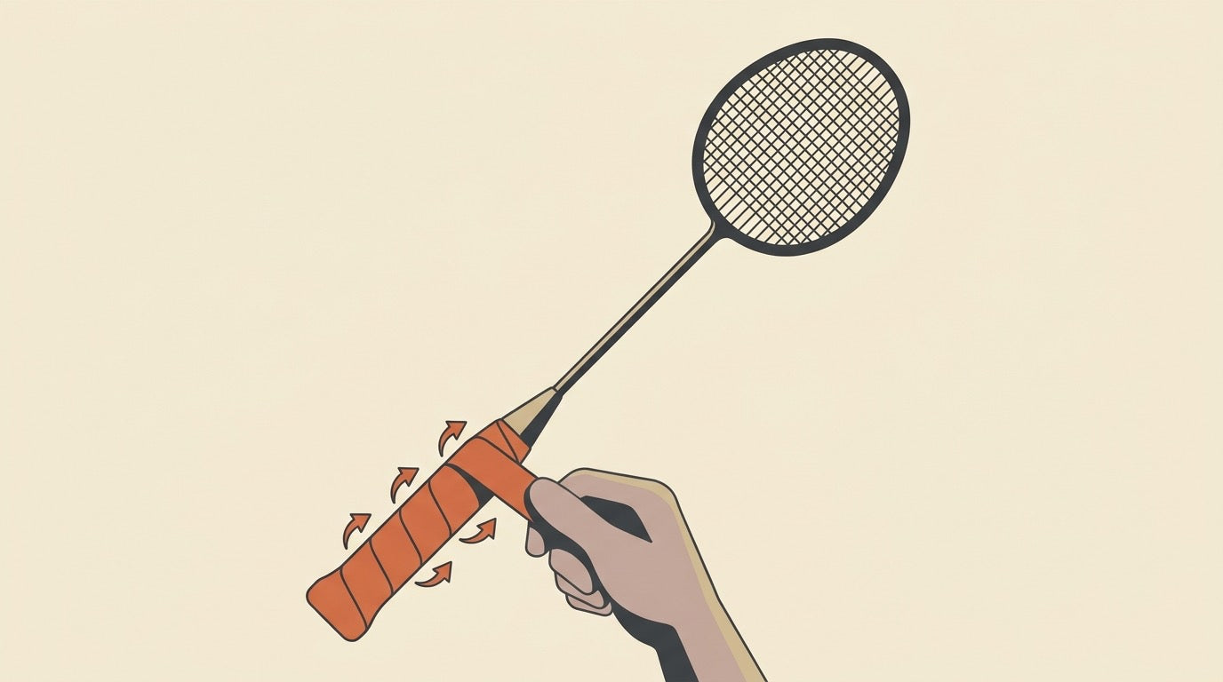 Illustration of a badminton racket handle being wrapped with an overgrip on a green indoor court