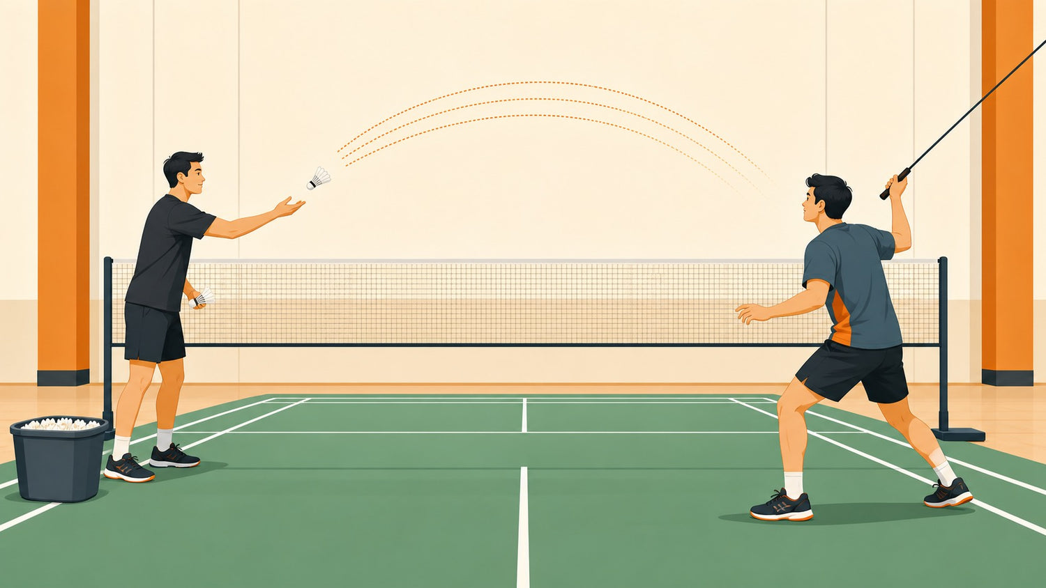 Illustration éditoriale plane d’une personne qui alimente des volants au badminton à côté d’un panier pendant que son partenaire se prépare à frapper sur un terrain intérieur.