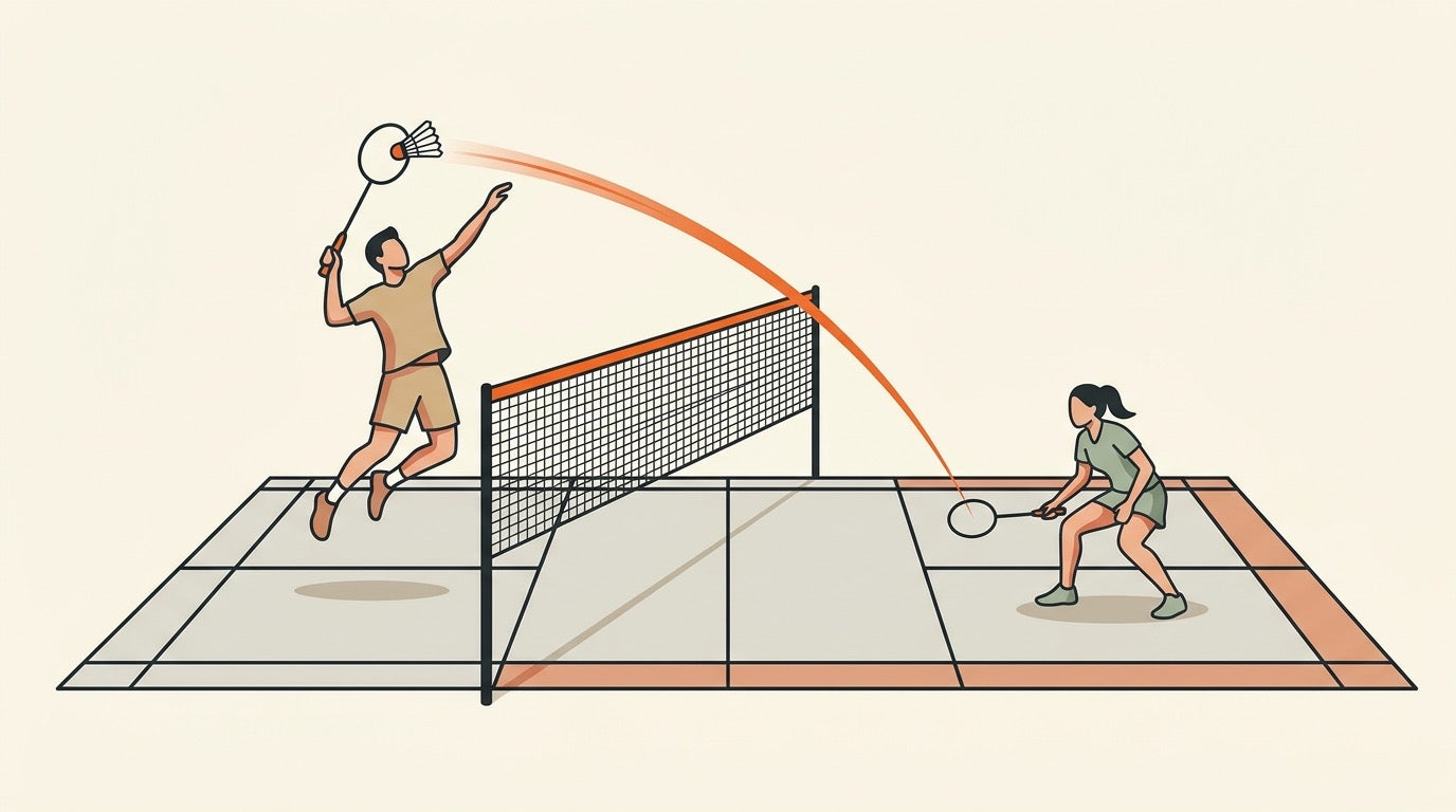 Illustration d’une personne attaquante au badminton qui déplace patiemment une personne défensive sur le terrain