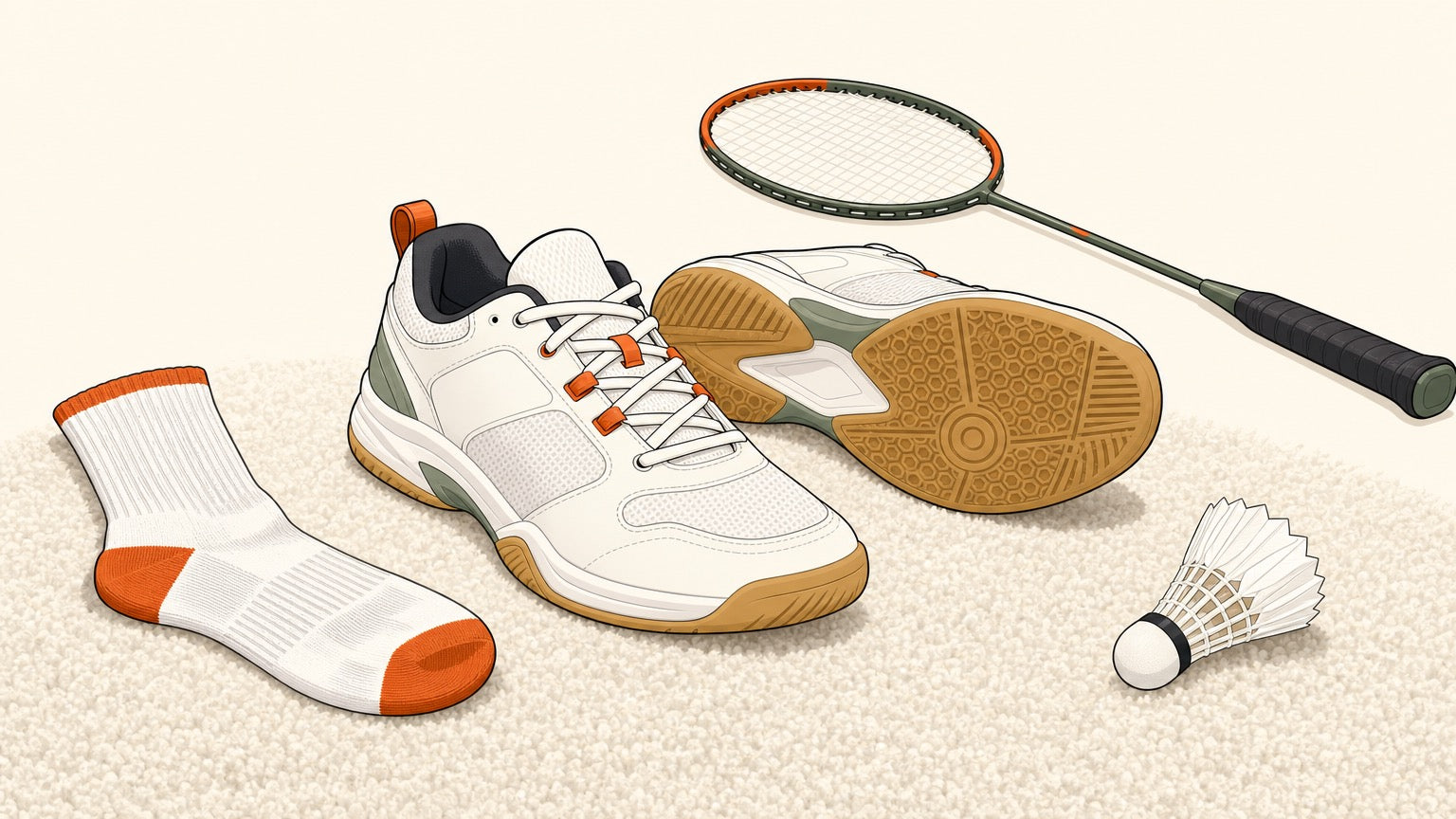 Flat vector illustration of a badminton player tying new indoor badminton shoes on carpet before play