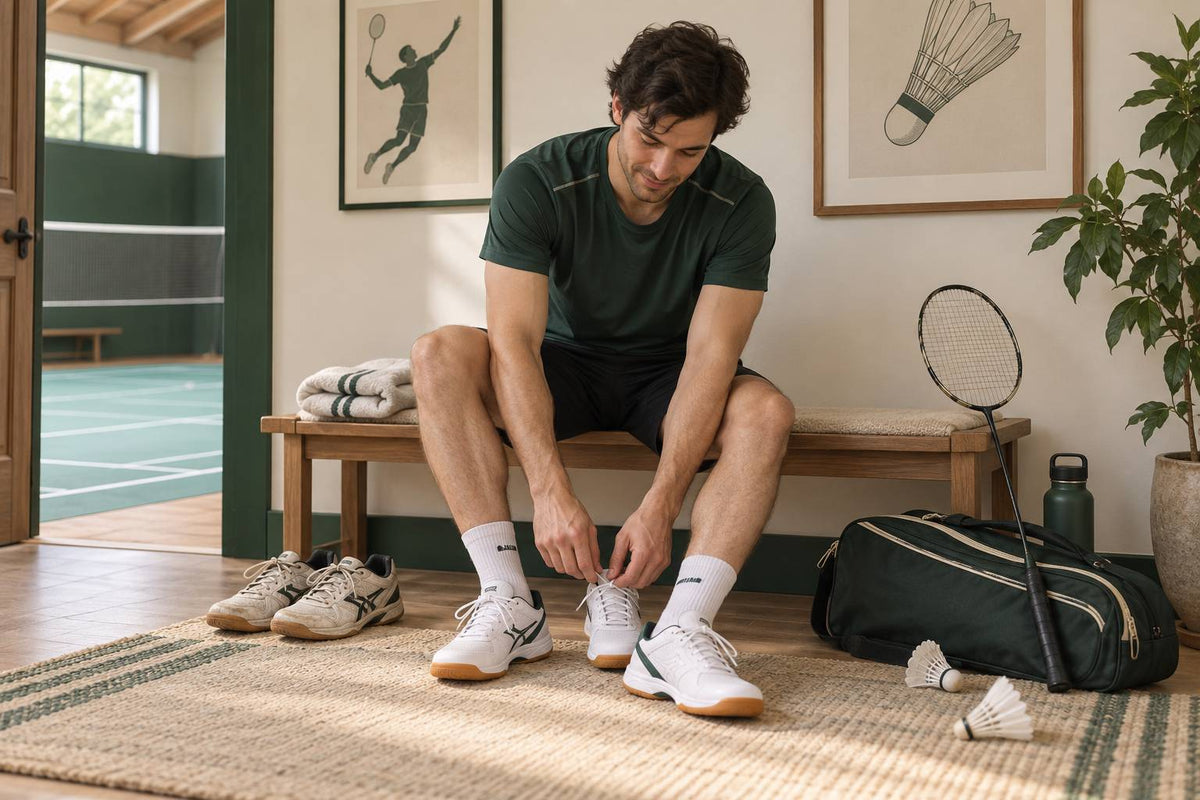 Short indoor wear helps identify rubbing before a demanding badminton session.