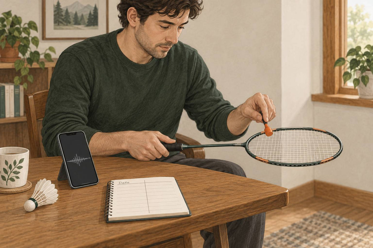 Editorial illustration of one player preparing a gentle string-bed tap with a phone and notebook nearby.