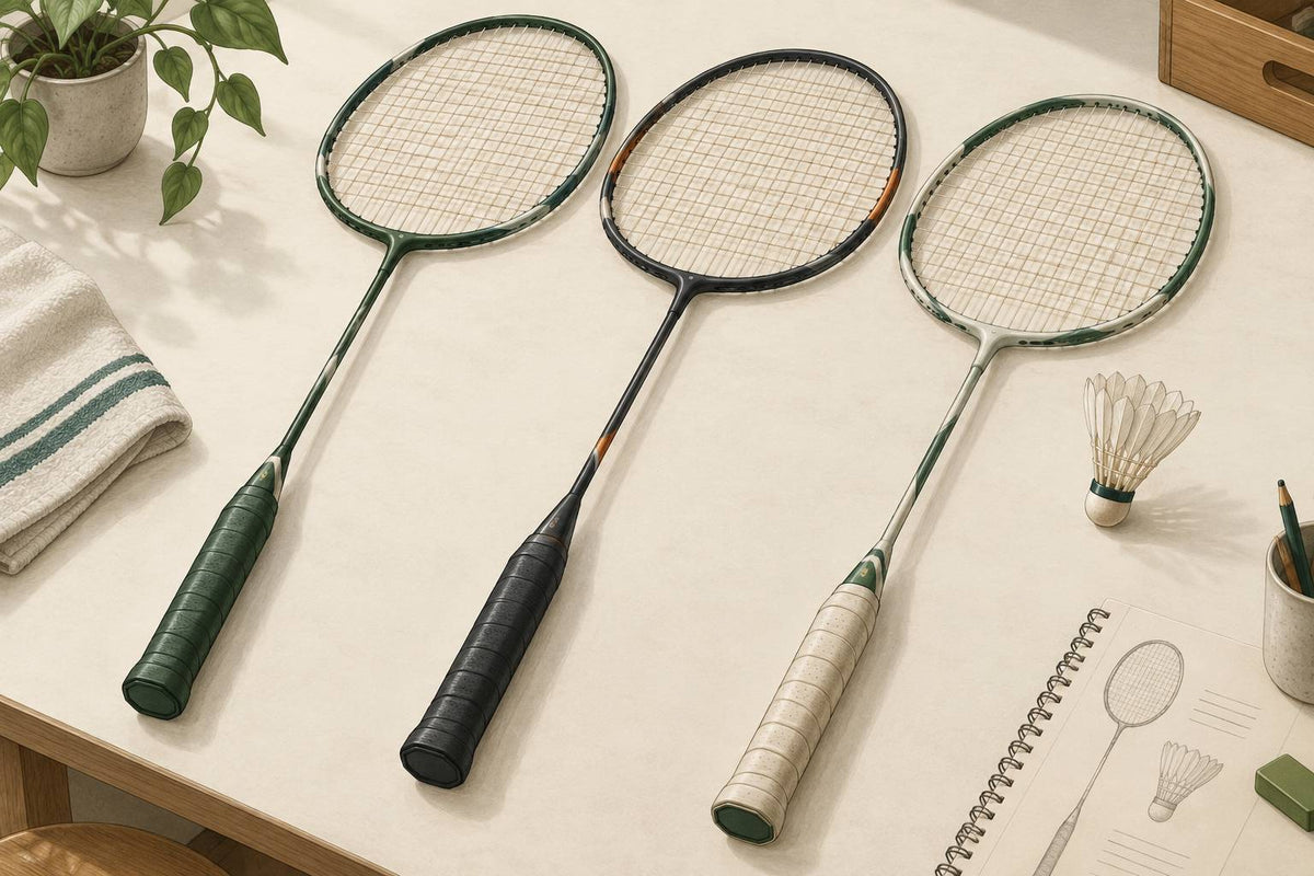 Editorial still life of three unbranded badminton rackets.