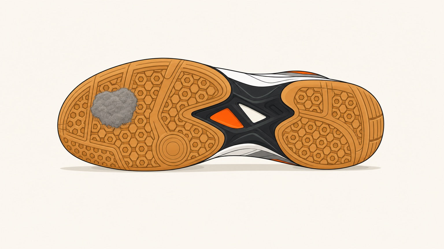 One indoor badminton shoe shown sole-up with clean gum-rubber tread and a small grey dust patch at the forefoot.