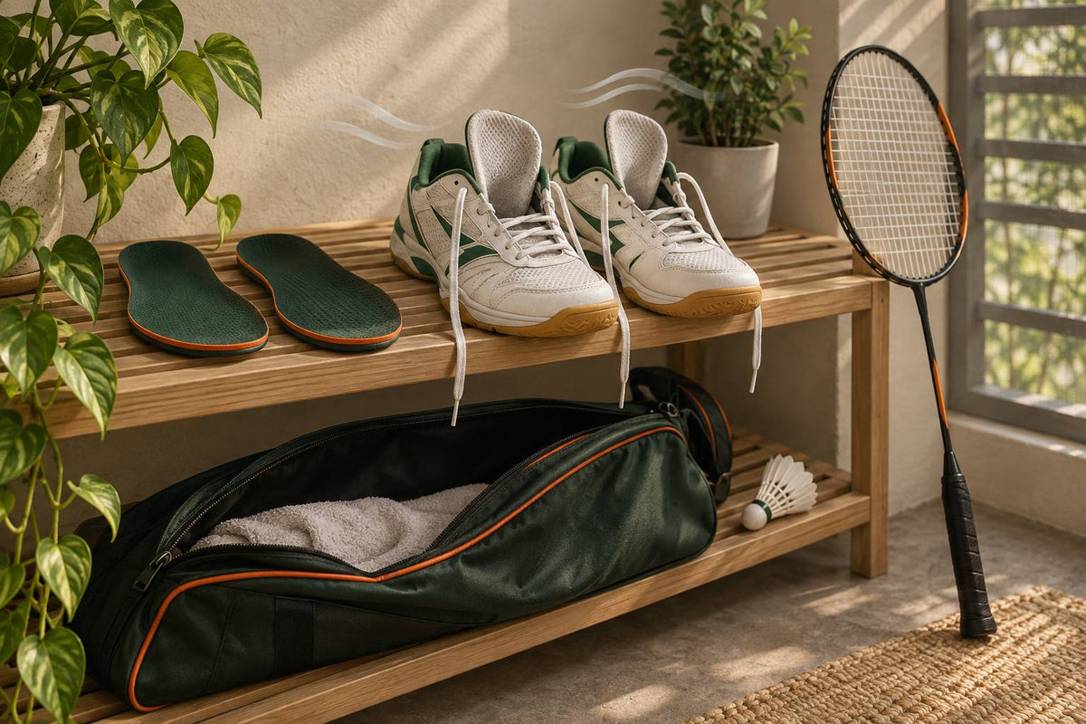 Opened court shoes and removed insoles dry separately in shade with airflow after a session.