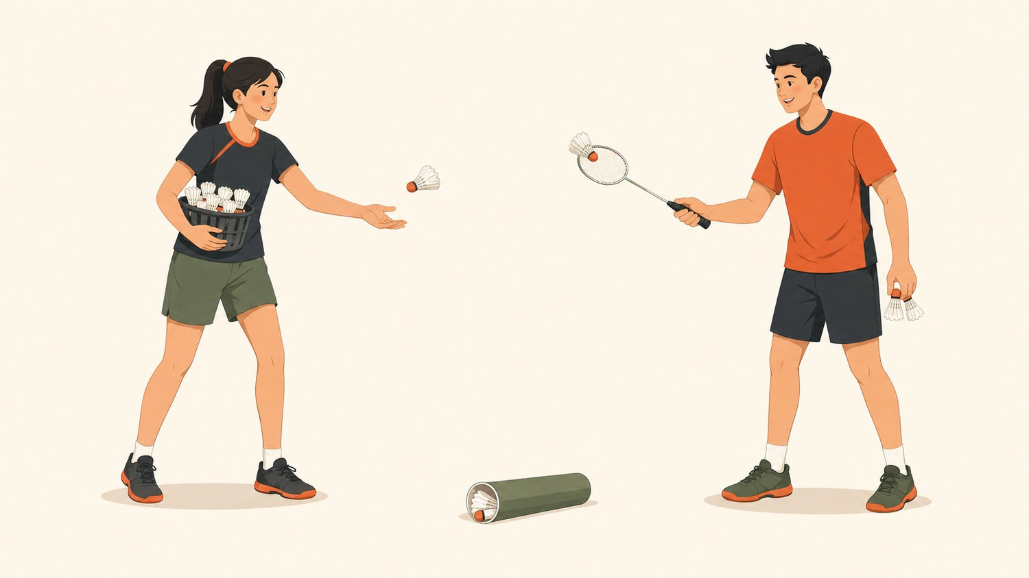 Flat vector illustration of two badminton feeders side by side: one tossing a shuttlecock by hand from an open palm while holding a basket of shuttles, the other tapping a shuttlecock with a single badminton racket.