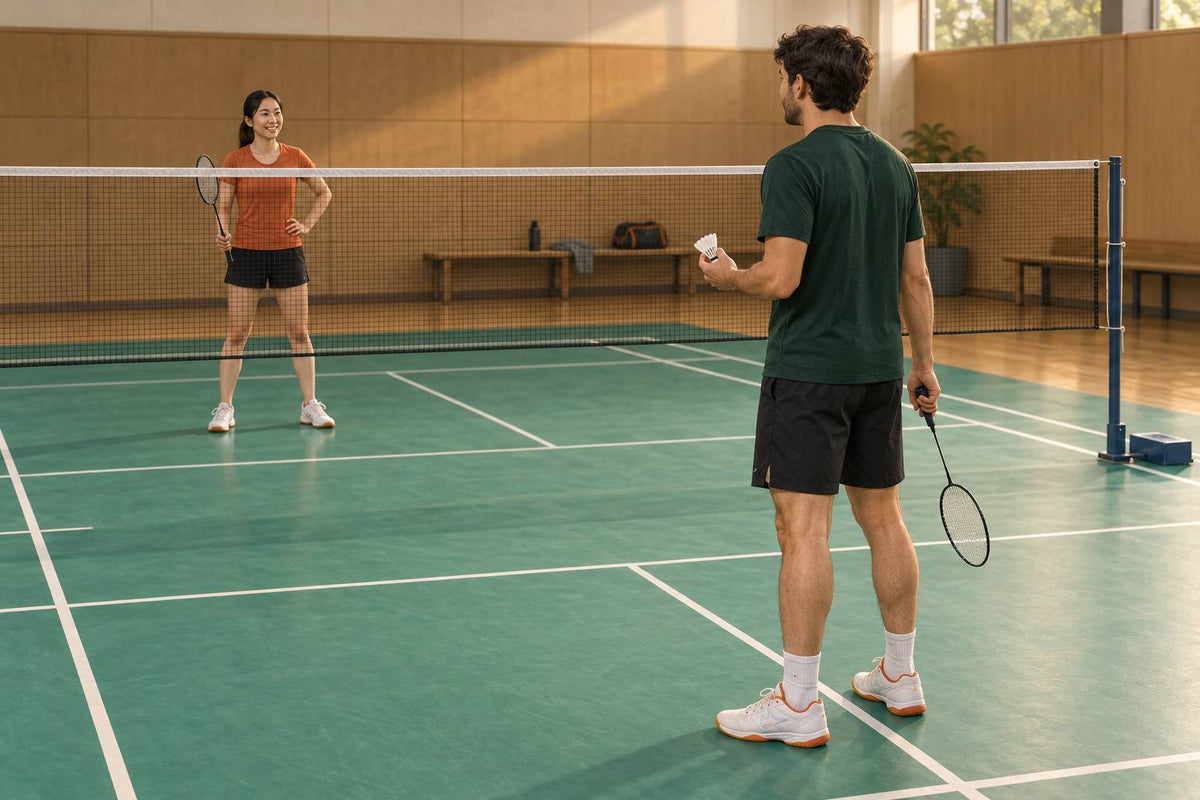 A feeder keeps the next shuttle in hand while discussing the target and pace with the player.