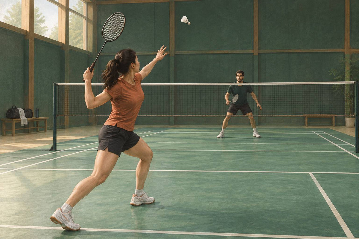 A player prepares an overhead drop with the same early body position used for a clear.