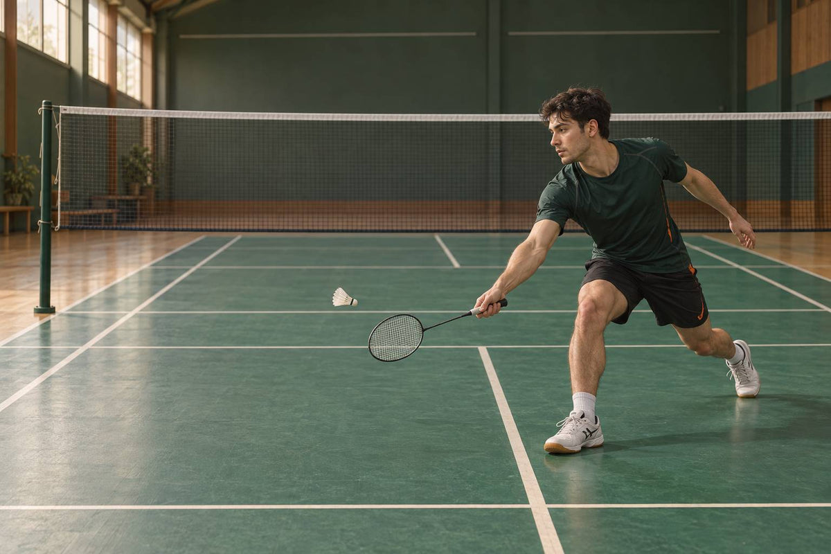 A right-handed player makes a compact forehand lift from the forecourt with a balanced racket-foot lunge.