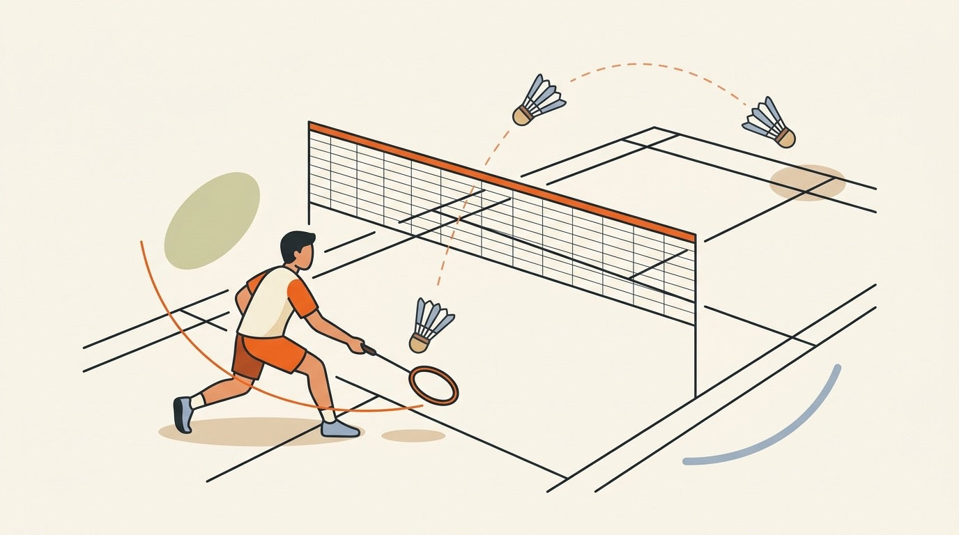 Illustration of a badminton player lunging at the net to hit an underarm lob shot toward the back court