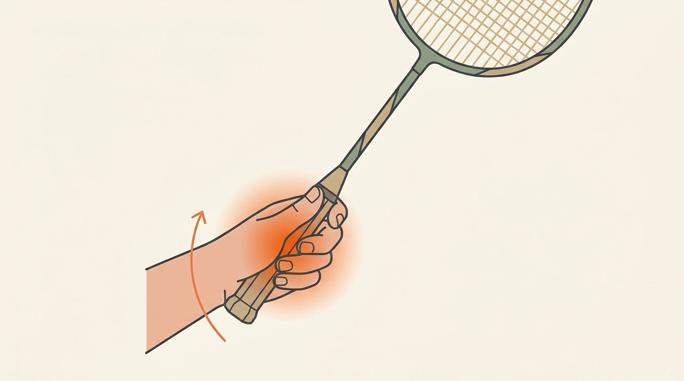 Illustration of a badminton player comparing correct and incorrect racket grip positions on an indoor court