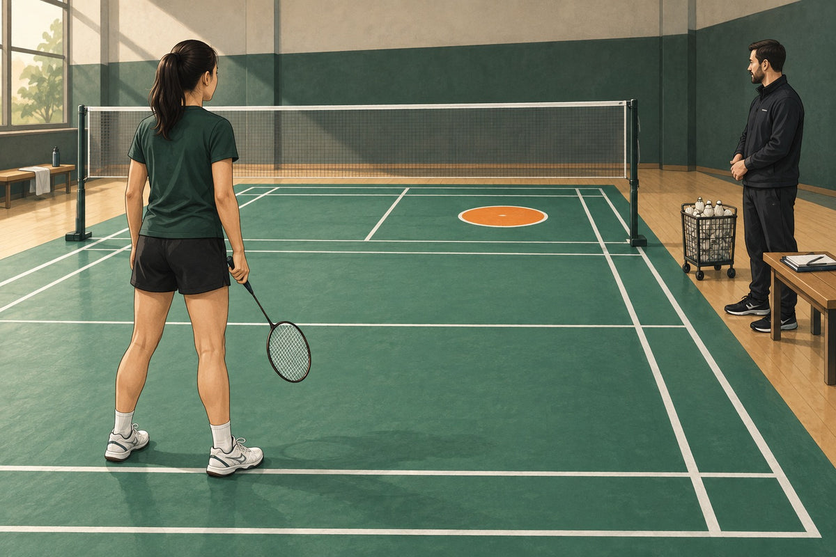 A player and coach use a visible court target to adjust the challenge of a familiar drill.