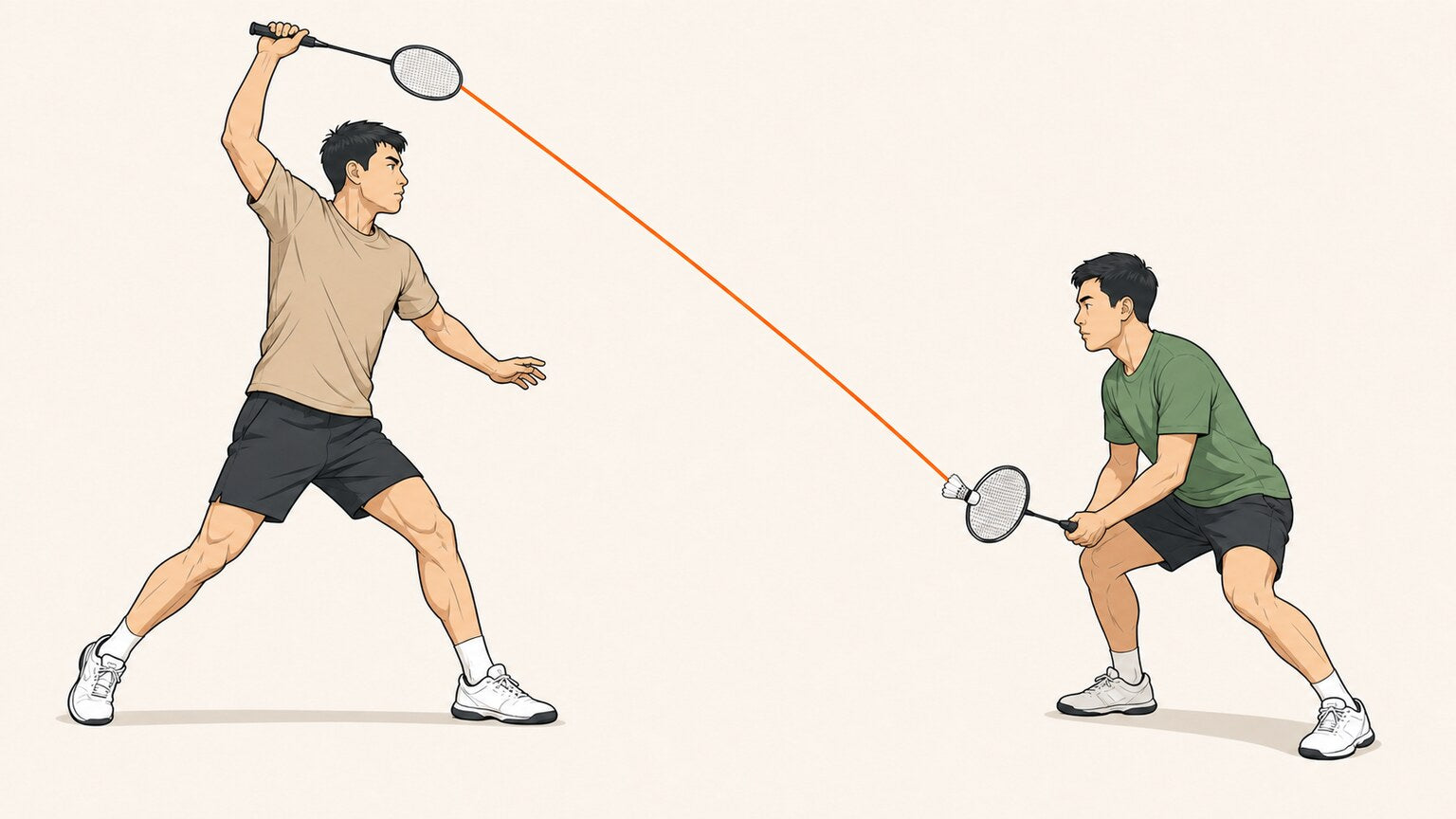 Badminton attacker smashing steeply toward a defender using a compact body-defence racket position.