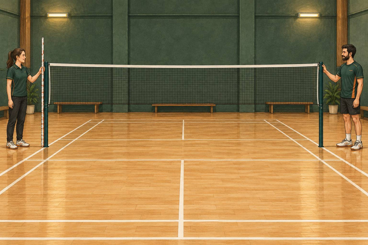 Editorial illustration of two adults checking opposite posts of a correctly suspended badminton net.