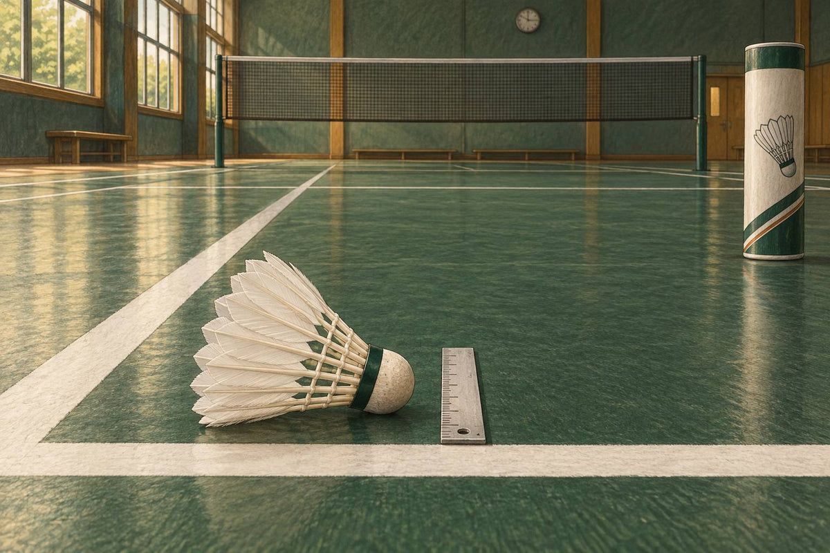 Editorial illustration of a feather shuttle and ruler beside an indoor badminton baseline.