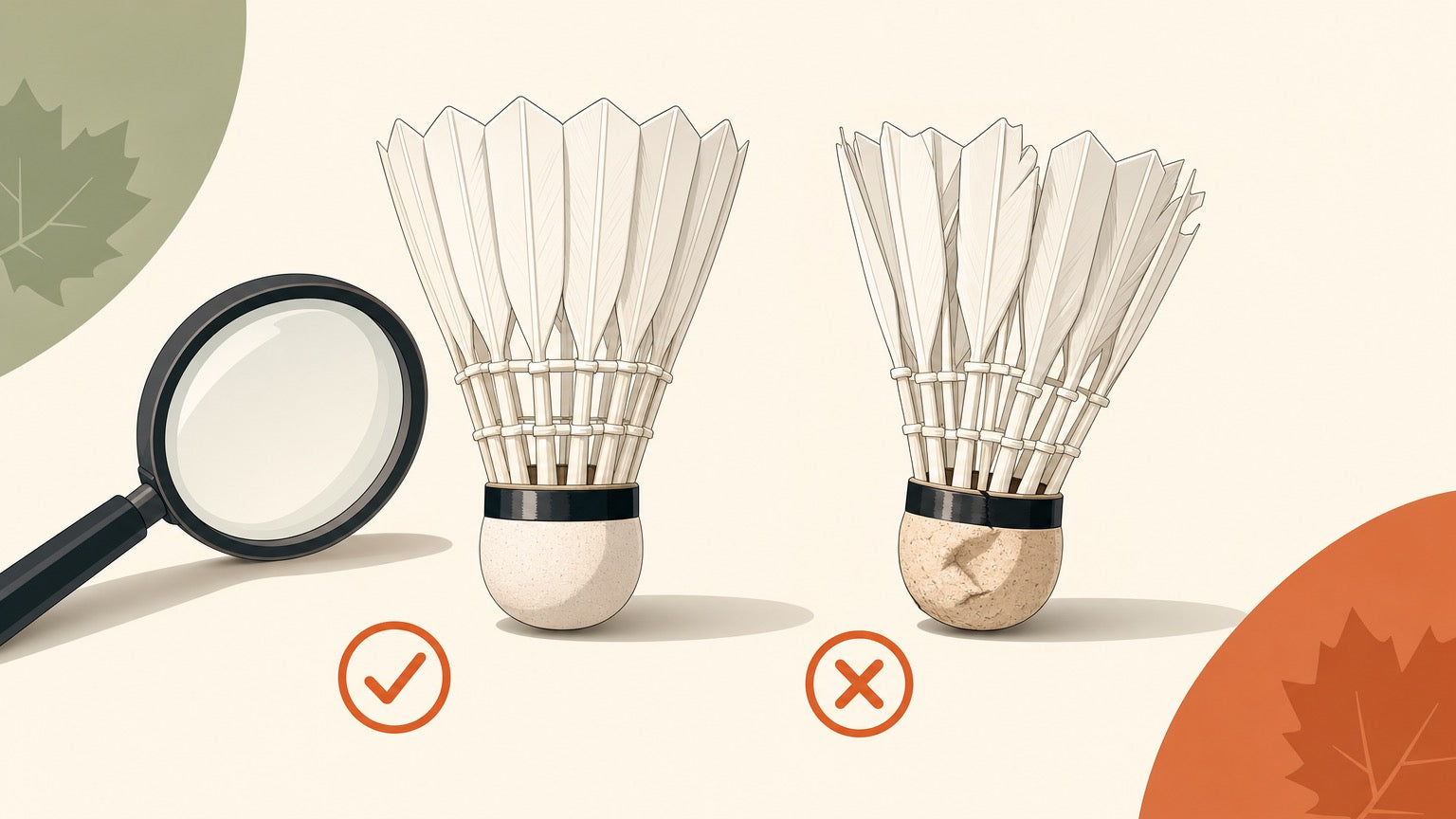 Flat vector illustration of a genuine-looking feather shuttlecock beside a suspect shuttlecock with uneven feathers and dented cork.
