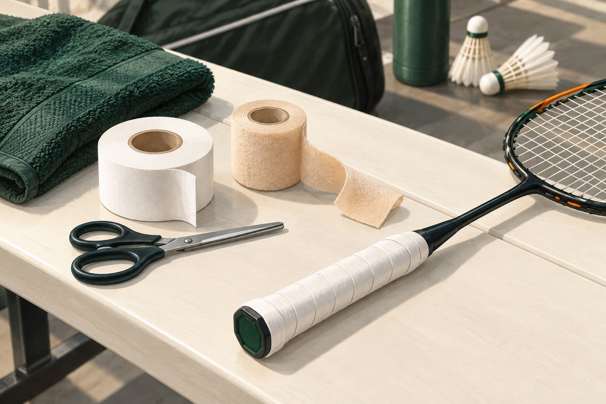 Athletic tape, underwrap and a racket introduce wrist-support preparation without demonstrating a taping technique.