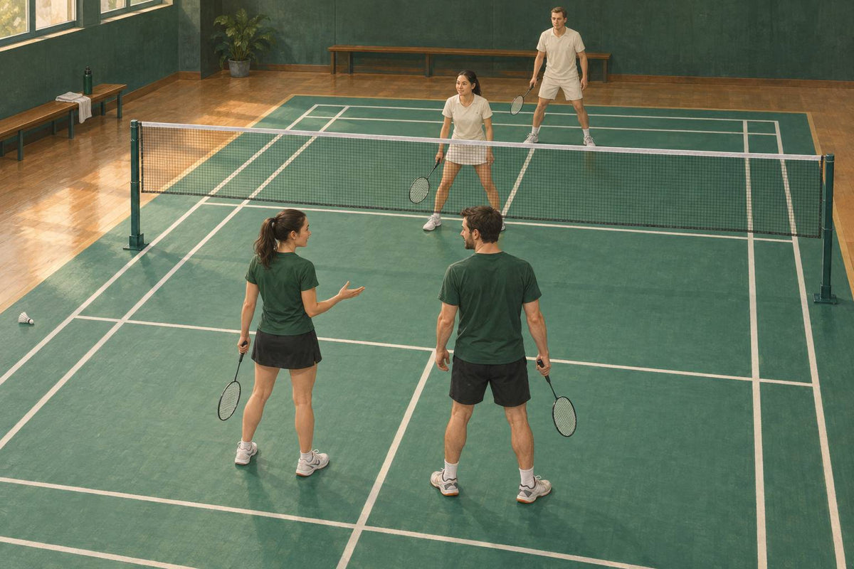 Four learners pause a doubles practice to identify their partner’s position and the space they need to cover.