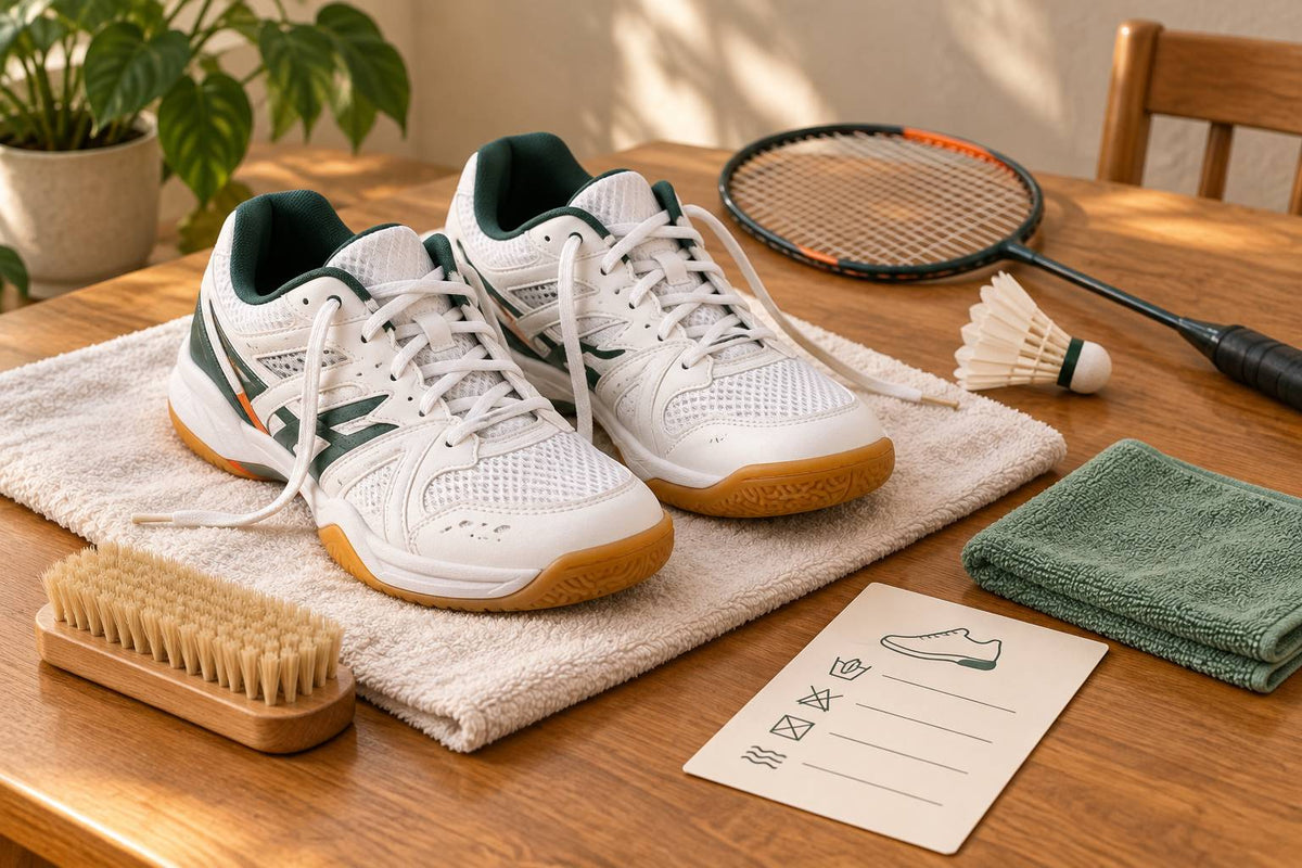 Court shoes, a soft brush and a separate cloth are laid out for care guided by the shoe’s materials.