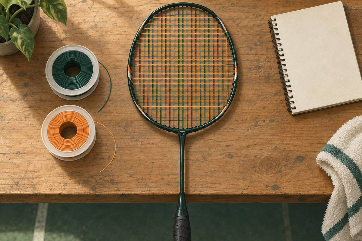 Two string colours distinguish the vertical mains from the horizontal crosses in one hybrid badminton string bed.