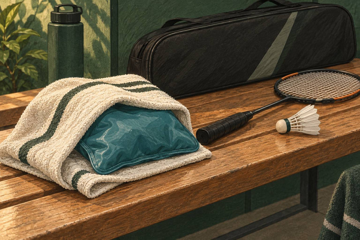 Editorial still life of a reusable cold pack partly wrapped in cloth beside badminton equipment.