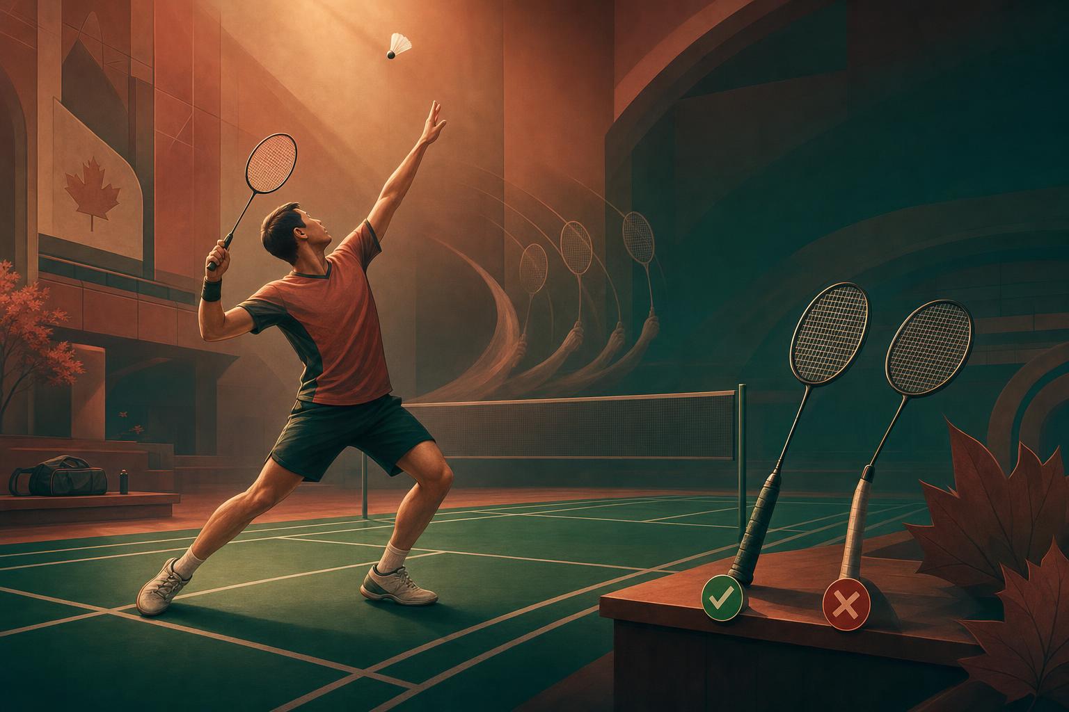 Illustration of a badminton player preparing a forehand smash with correct grip and contact point cues on an indoor court