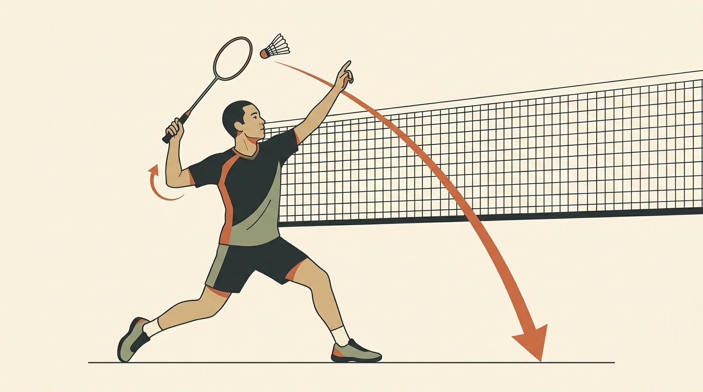 Illustration of a badminton player preparing a forehand smash with correct grip and contact point cues on an indoor court