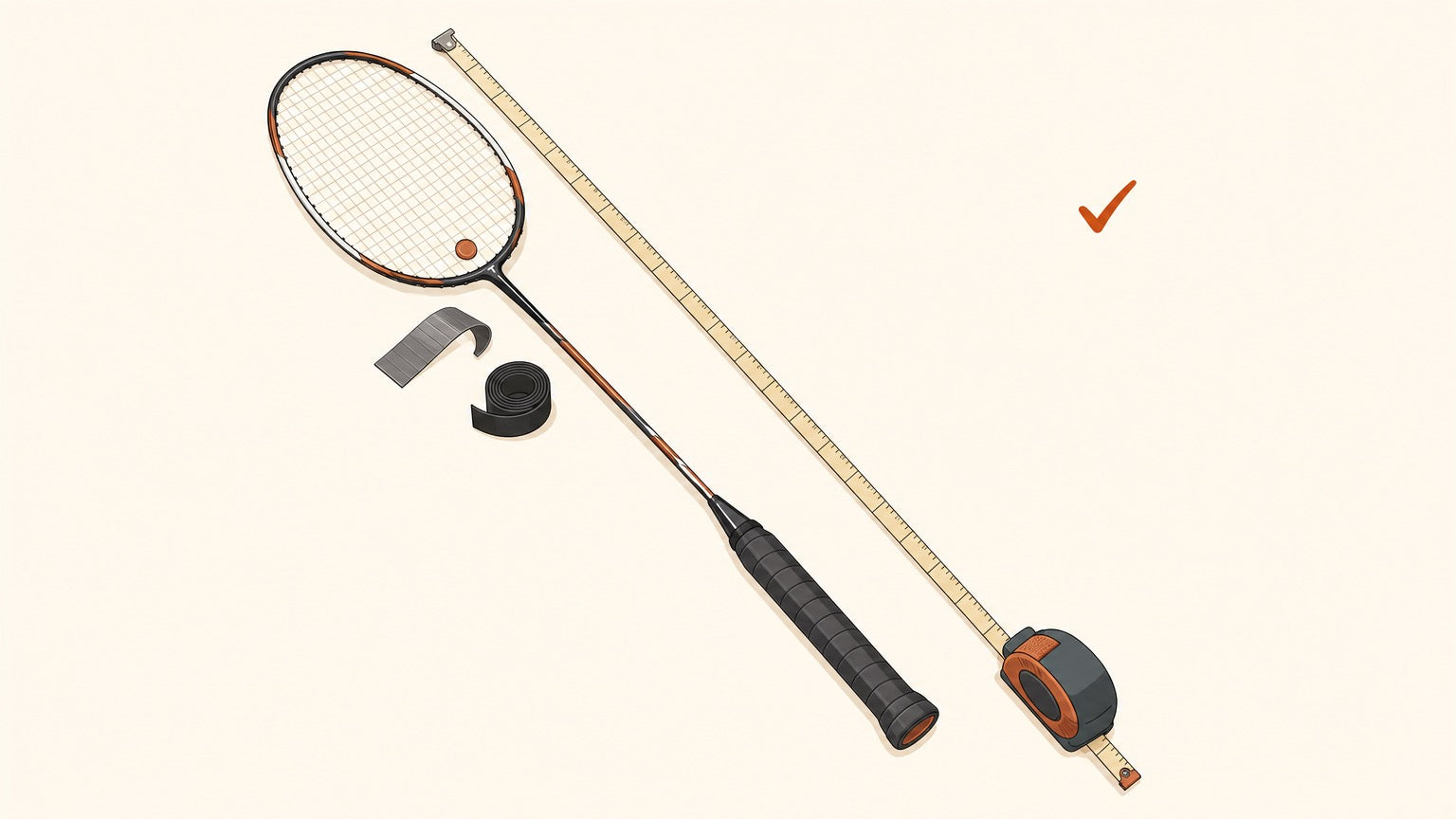 Overhead illustration of a badminton racket with a tape measure extended along its frame, next to a string dampener, lead tape strip and grip roll.