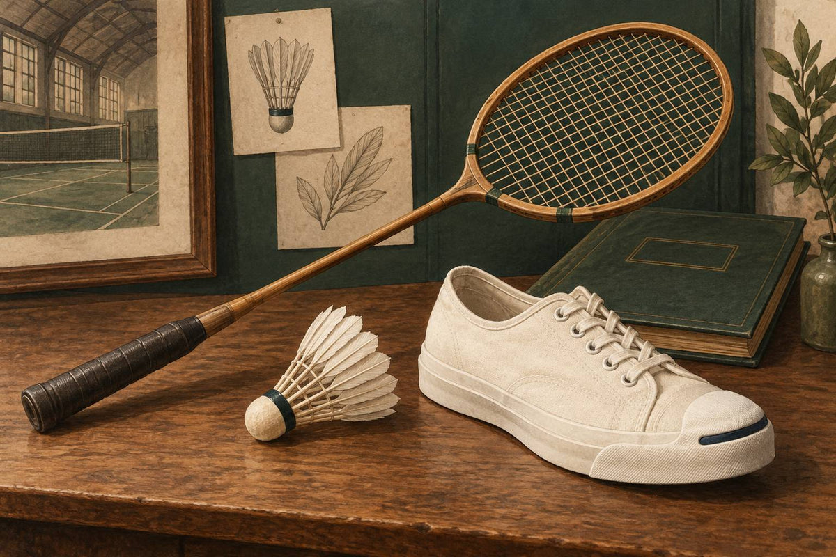 Editorial historical still life of a wooden badminton racket, shuttle and representative canvas shoe.