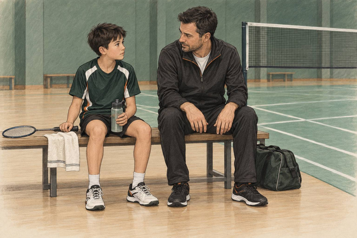 Illustration d’un junior et de son entraîneur assis pour une conversation calme à la pause.