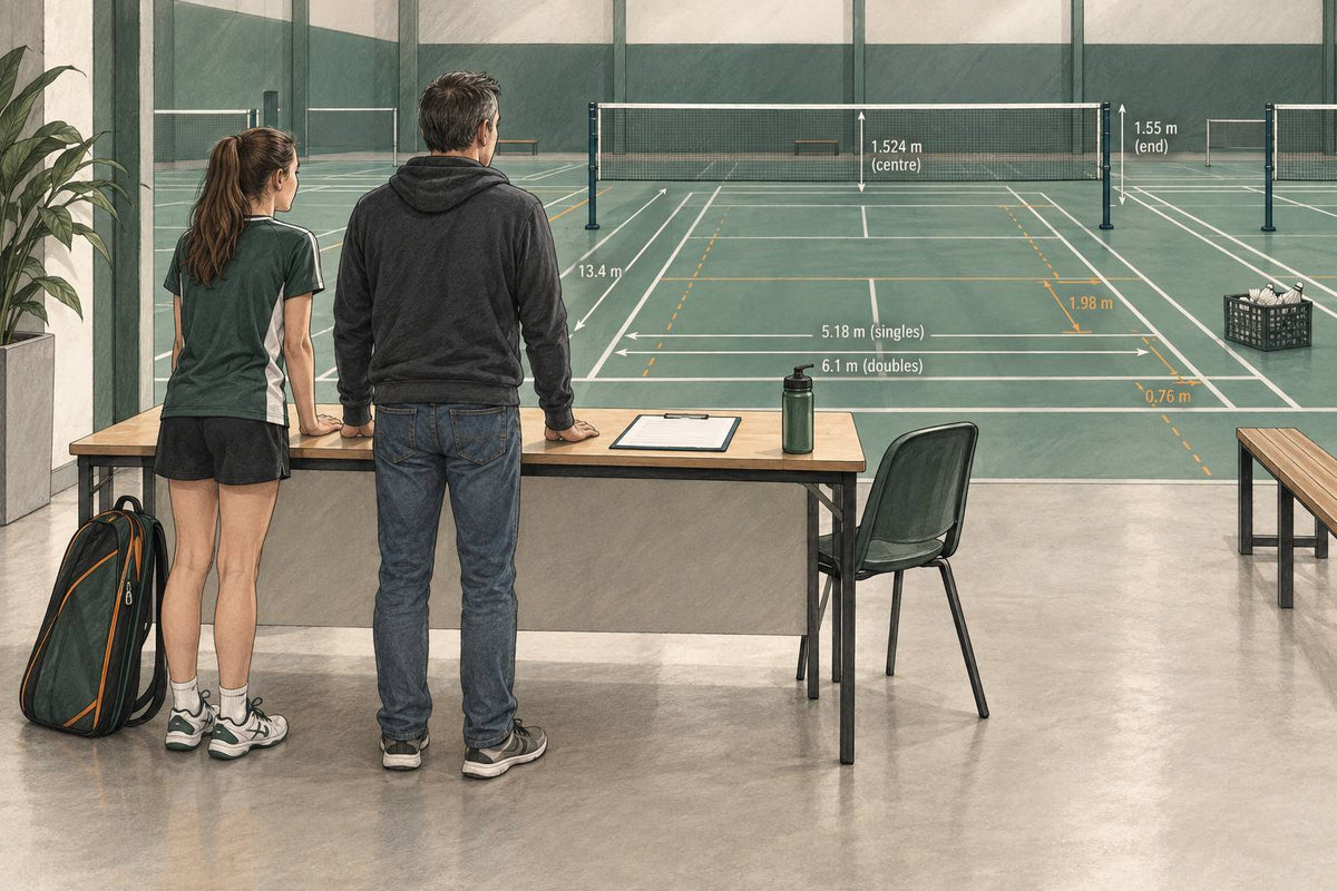 Un jeune joueur et son parent à l’accueil, avec une feuille de tableau et un sac à raquettes.