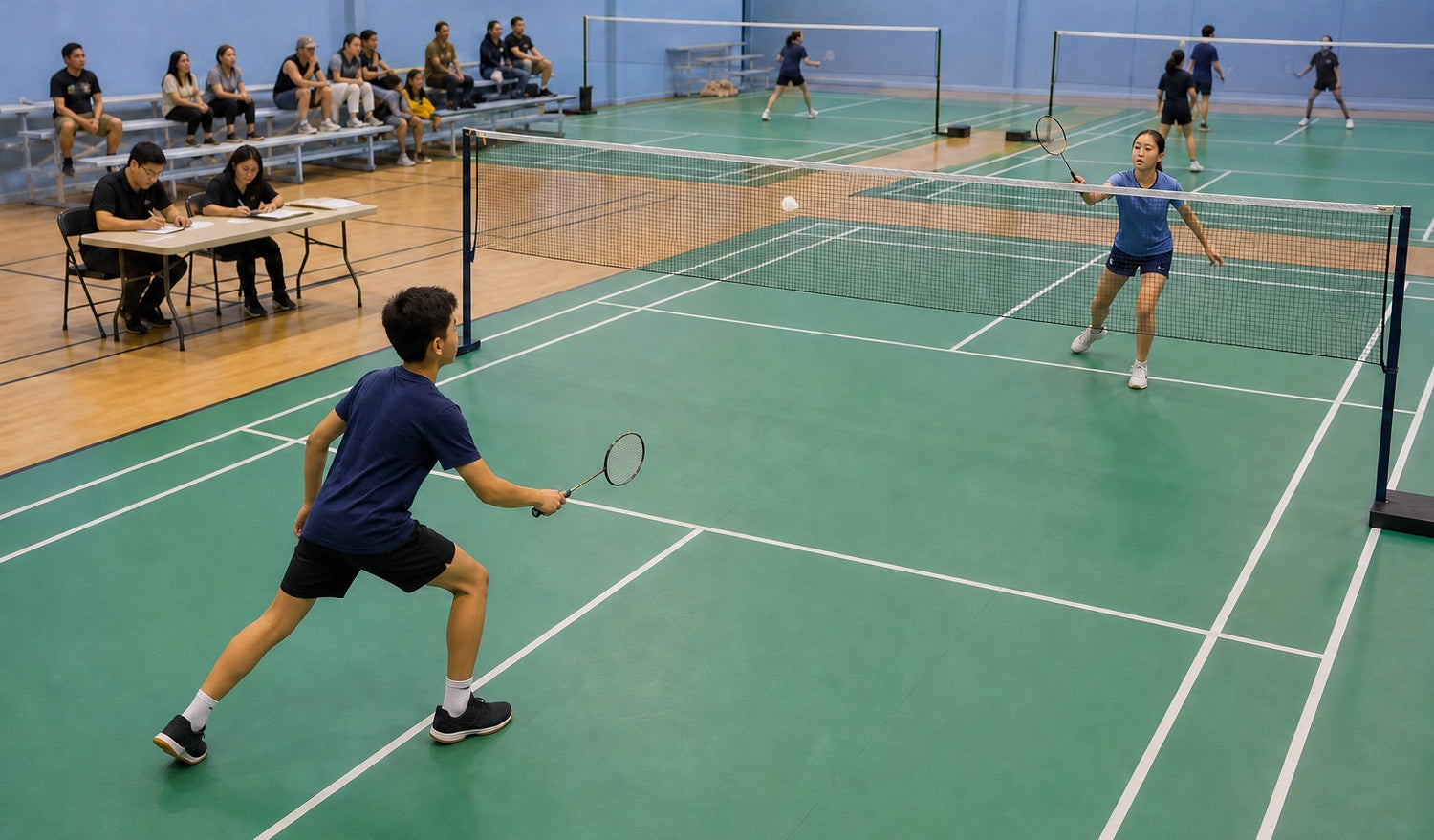 Deux personnes juniors jouent un échange sur le terrain le plus proche d’un gymnase de tournoi très occupé comptant plusieurs terrains, tandis que des officiels travaillent à une table latérale et que des parents regardent depuis les gradins.