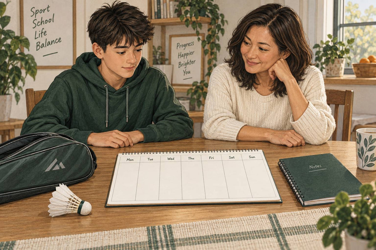 Un jeune et son parent sont assis près d’un calendrier hebdomadaire vierge et d’un sac de badminton.
