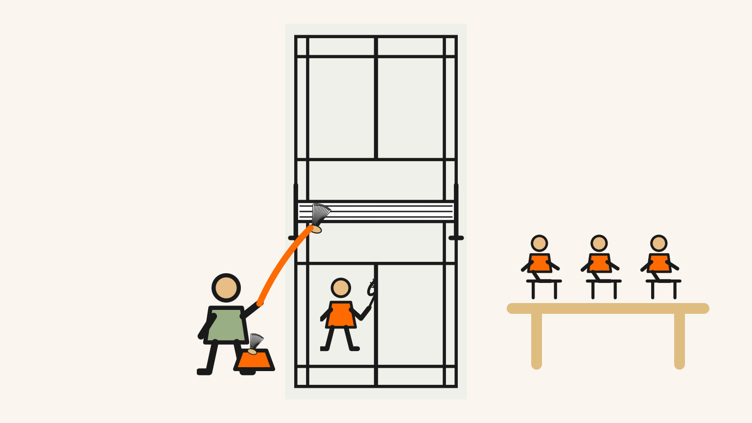 Une personne entraîneuse guide un petit groupe intérieur d’un simple échauffement avec volant vers une activité de raquette adaptée à l’âge