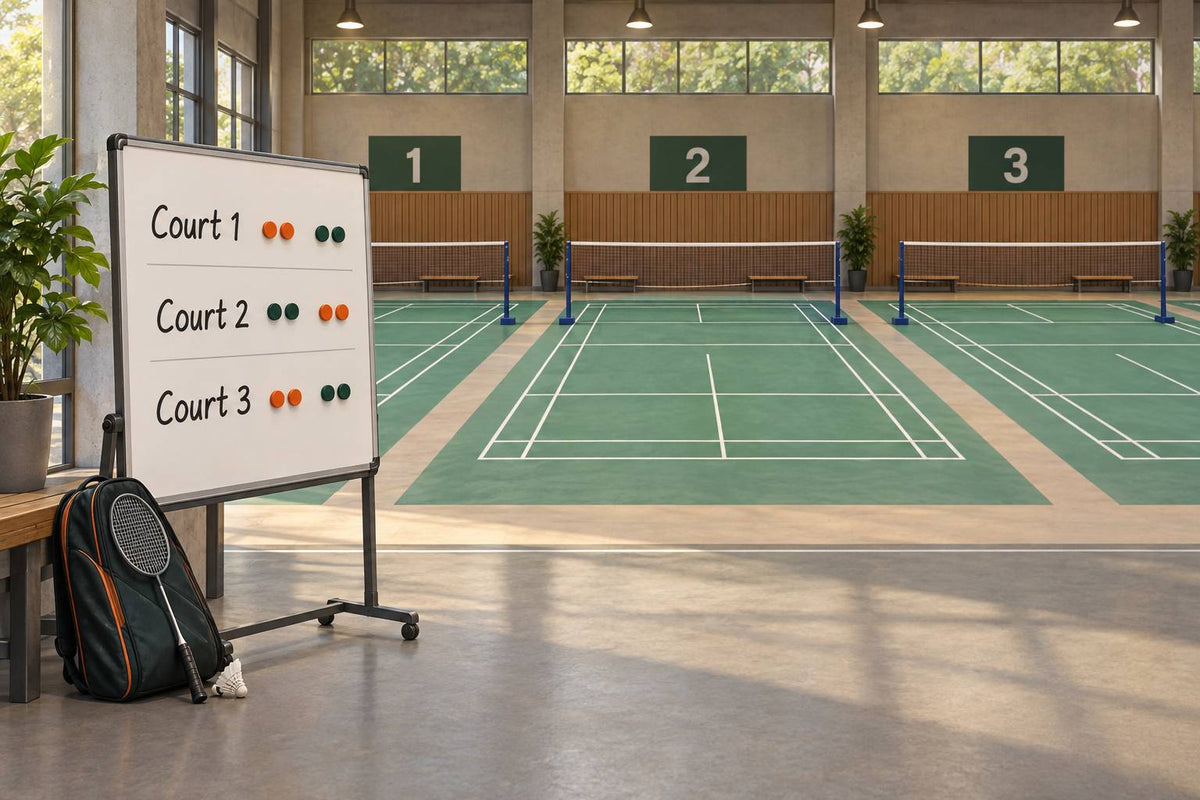 A visible court board gives fixed pairs a clear starting point for a local multi-court ladder.