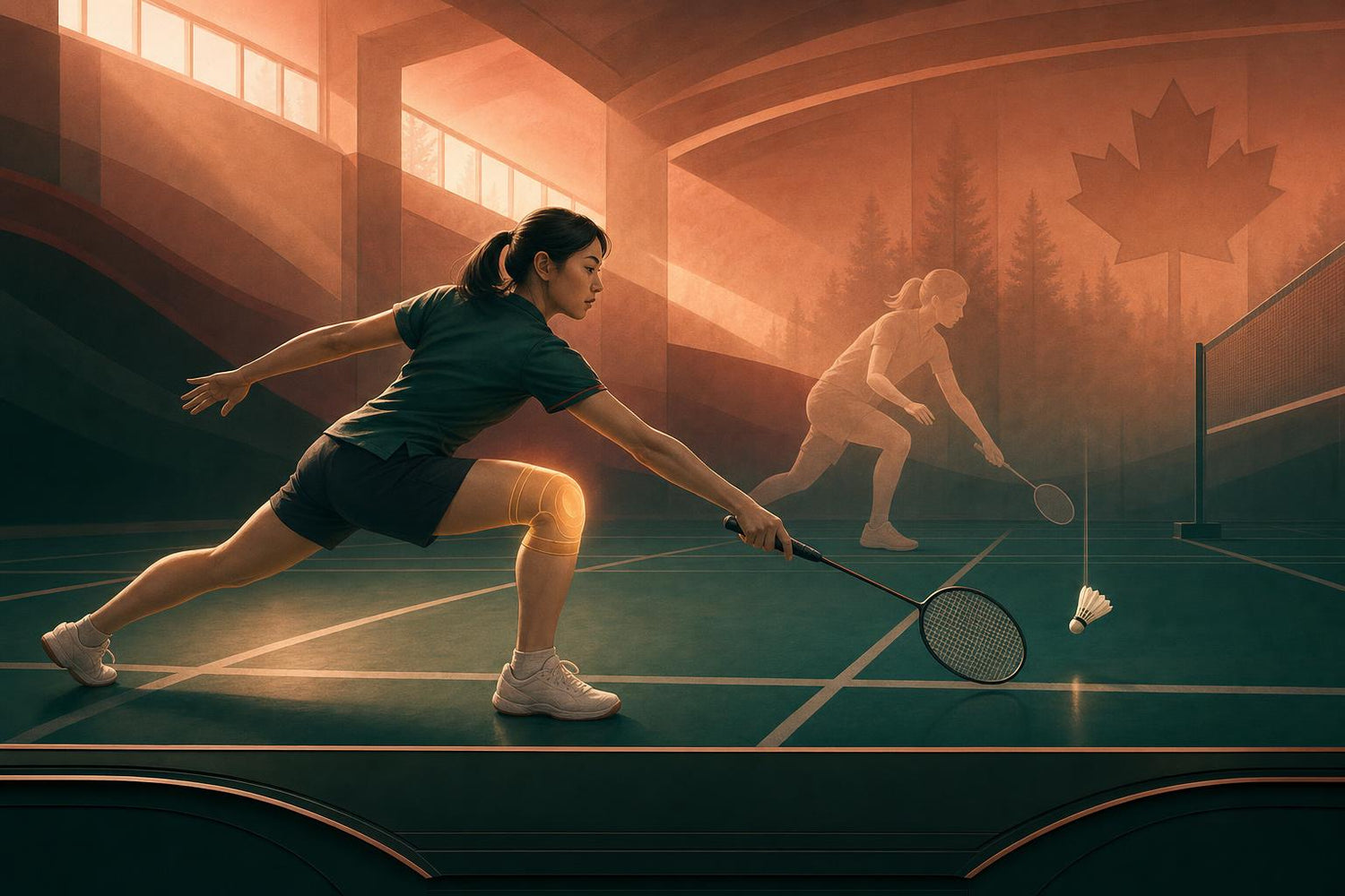 Illustration of a badminton player lunging on an indoor court with subtle knee emphasis