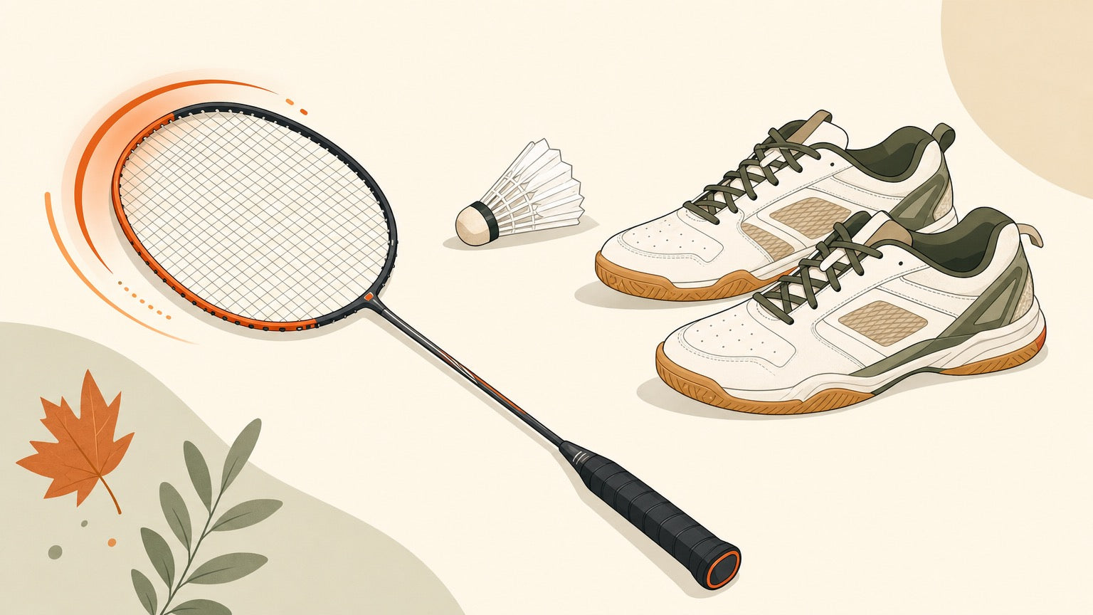 Flat vector banner showing a badminton racket, badminton shoes, and shuttlecock for Kunlavut Vitidsarn gear setup