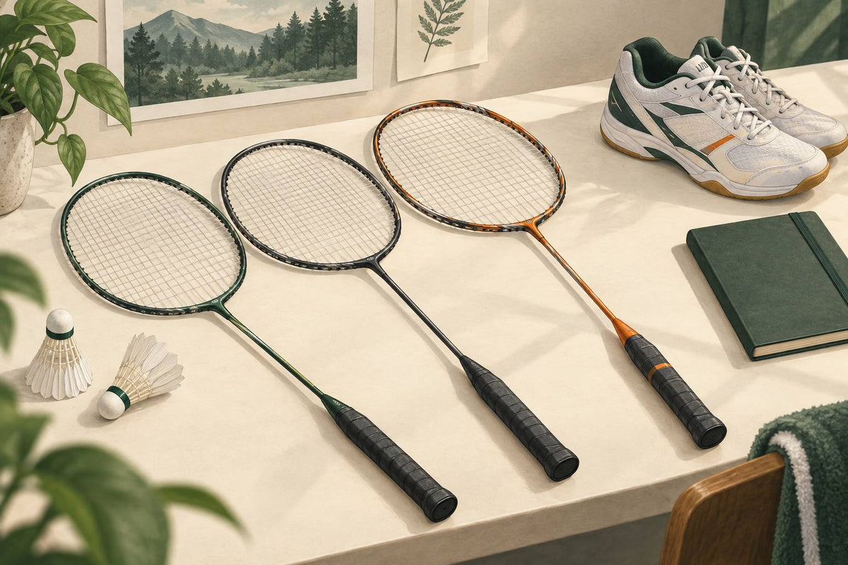 Conceptual racket-history and court-equipment still life.