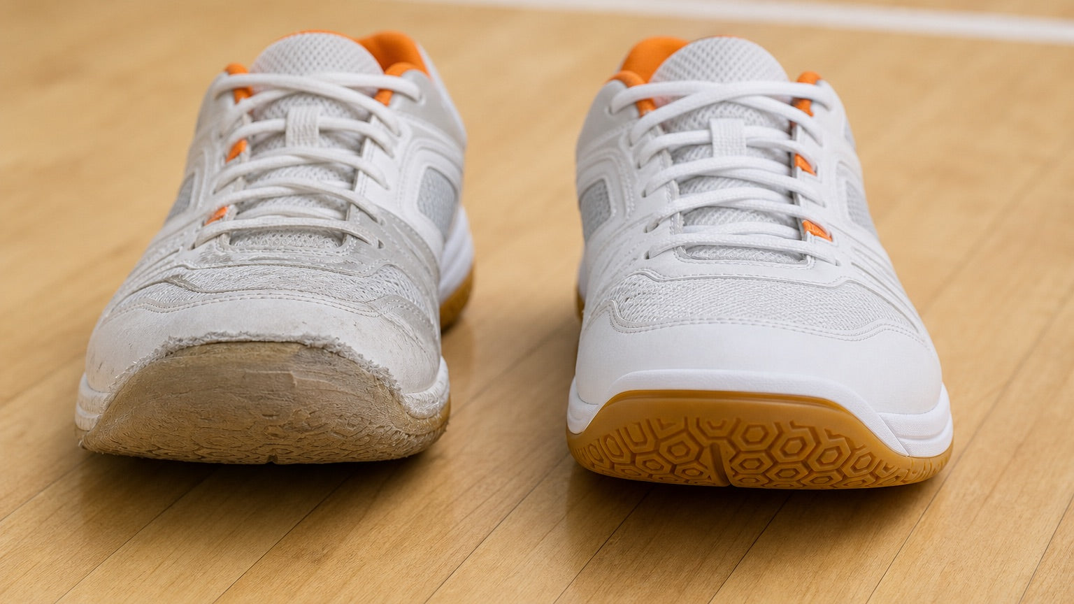 Deux chaussures de sport de badminton en salle côte à côte sur un parquet : la chaussure gauche présente un bout effiloché et usé ainsi qu’une semelle extérieure lissée, tandis que la chaussure droite semble relativement neuve.