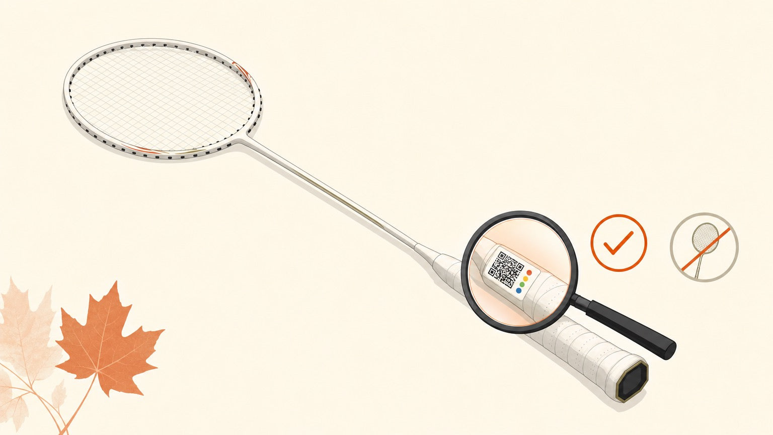 Flat vector banner showing a badminton racket authenticity label being checked with a magnifying glass