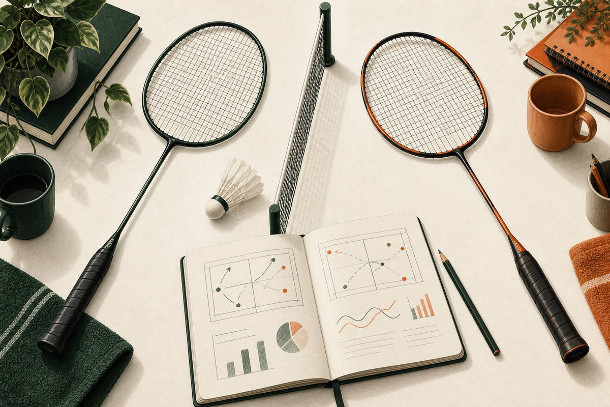 Illustration conceptuelle de deux raquettes de badminton face à face de part et d’autre d’un carnet de match.