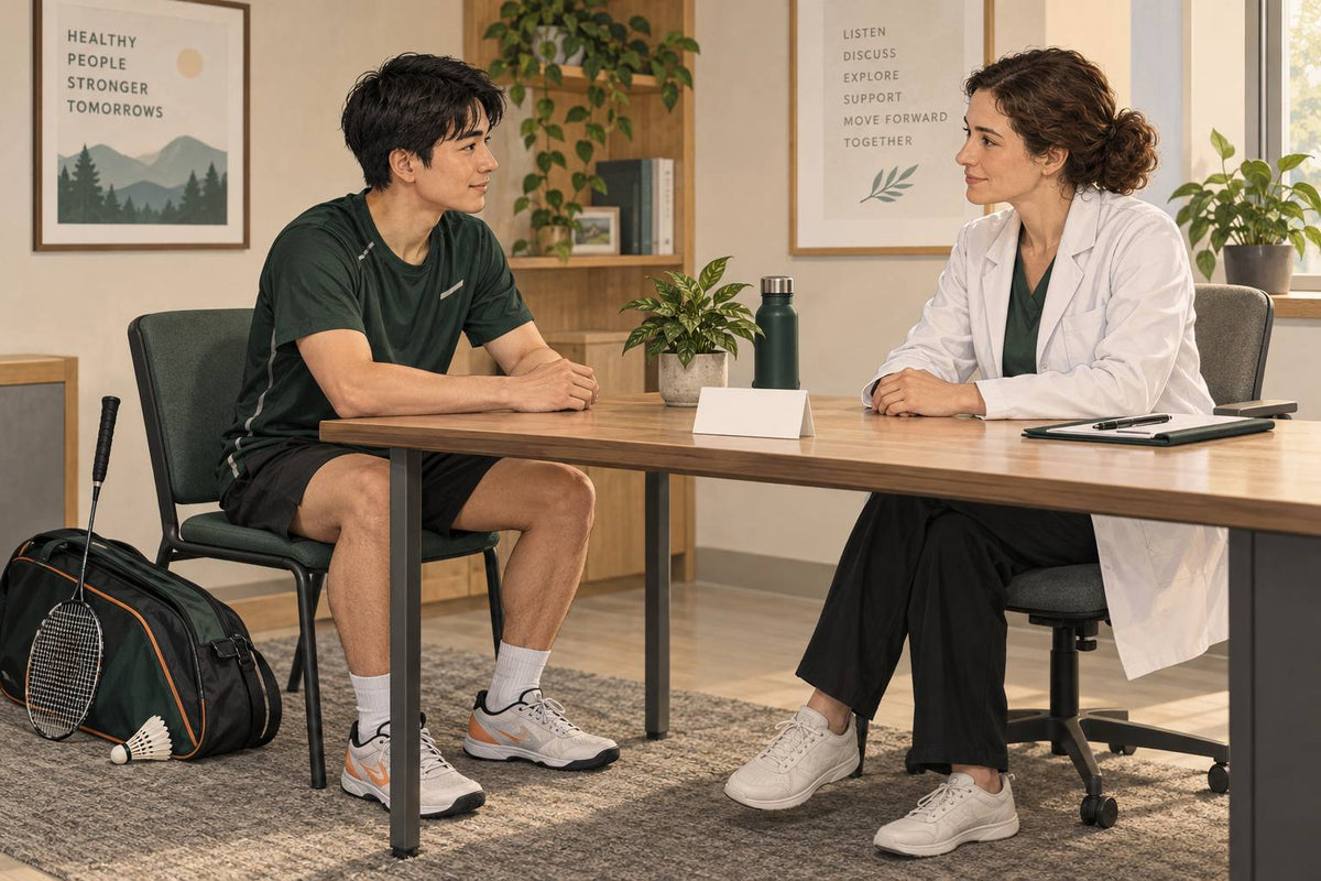 Scène illustrative de consultation avec un joueur de badminton, un clinicien et une fiche de contexte vierge.