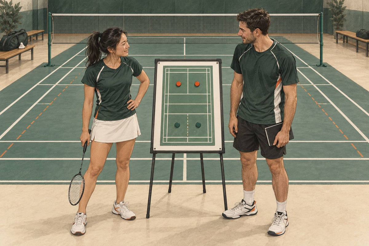 Editorial illustration of mixed-doubles teammates planning the first serve together.