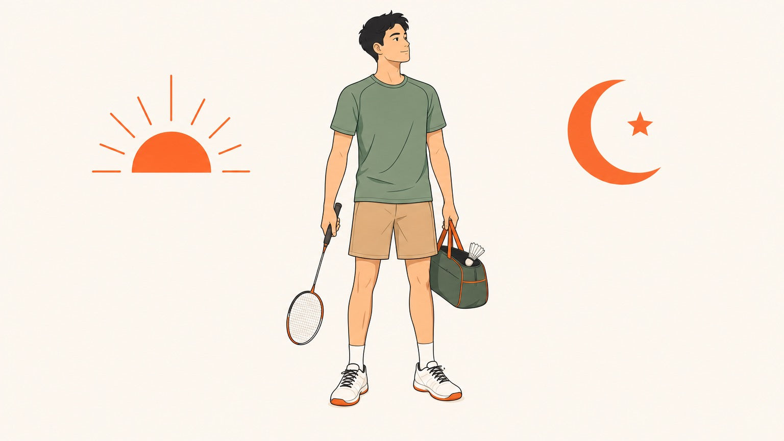 Badminton player choosing between a sunrise and moon symbol before heading to play