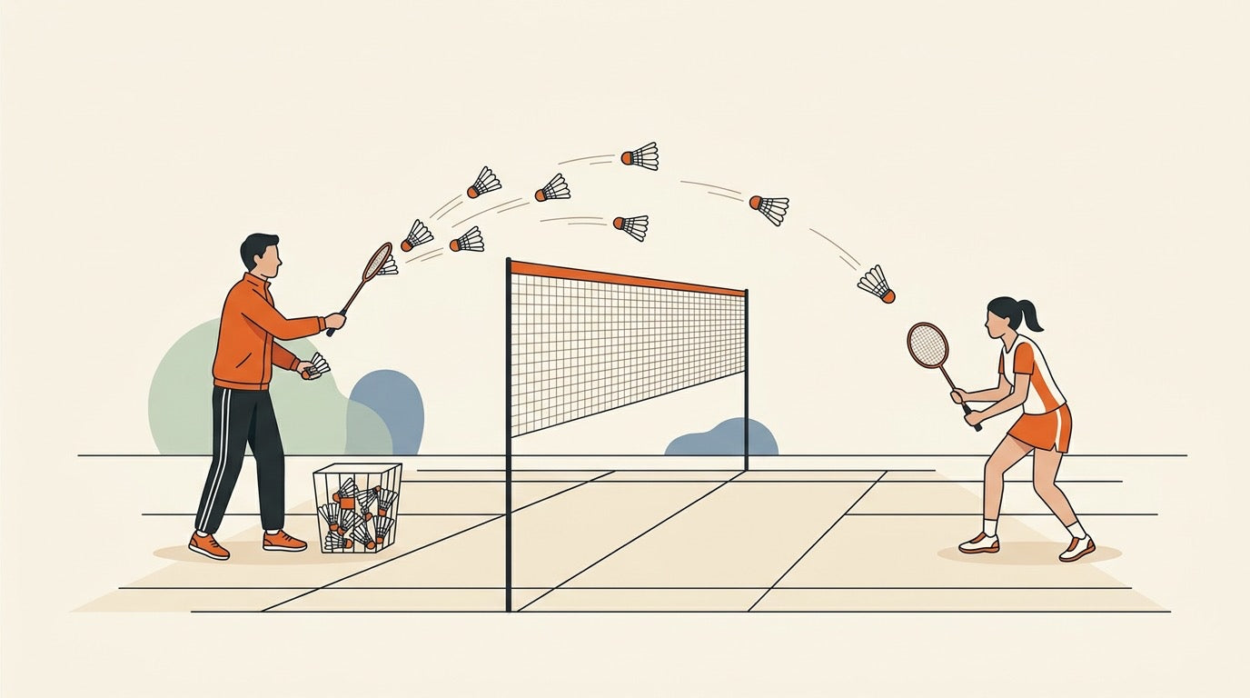 Illustration of a feeder running a multi-shuttle badminton drill on an indoor court