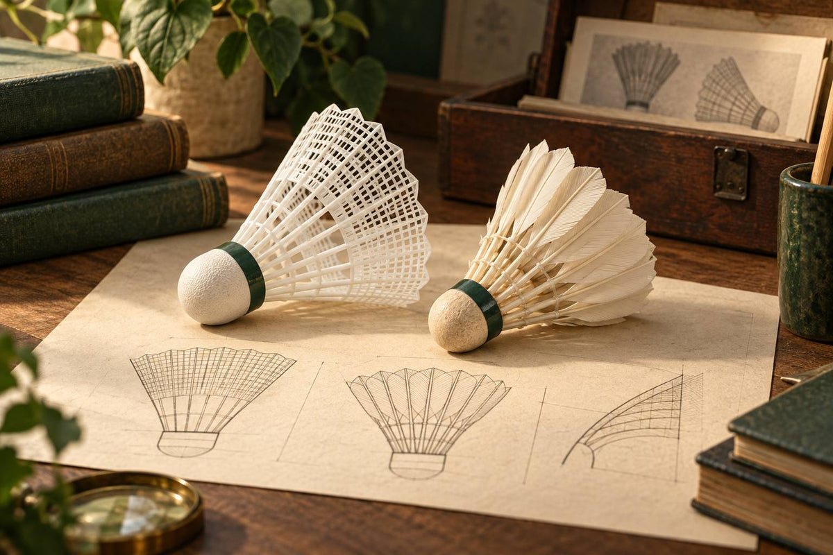 An illustrative moulded skirt and feather shuttle introduce the material and construction questions behind synthetic-shuttle development.