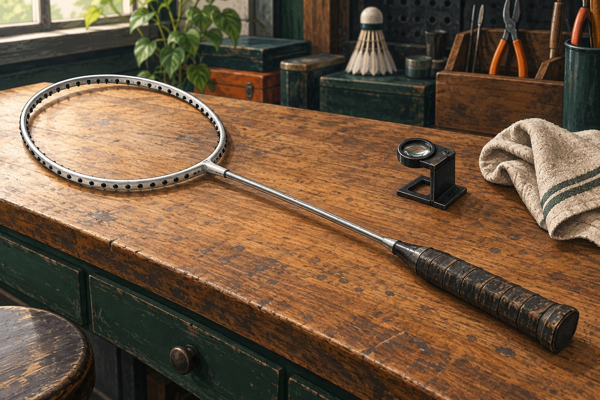 An older aluminium racket rests on a bench for a frame, grommet and joint inspection.