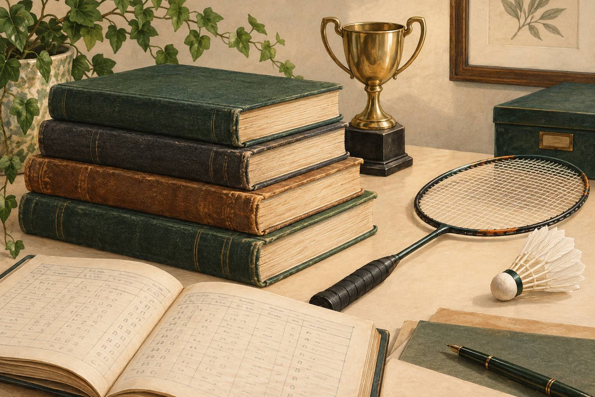 Illustration conceptuelle de registres de tournoi, d’un trophée sobre et d’une raquette de badminton.